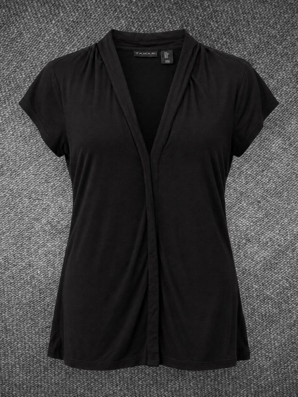Tahari Black Draped V-Neck Short Sleeve Top Size M